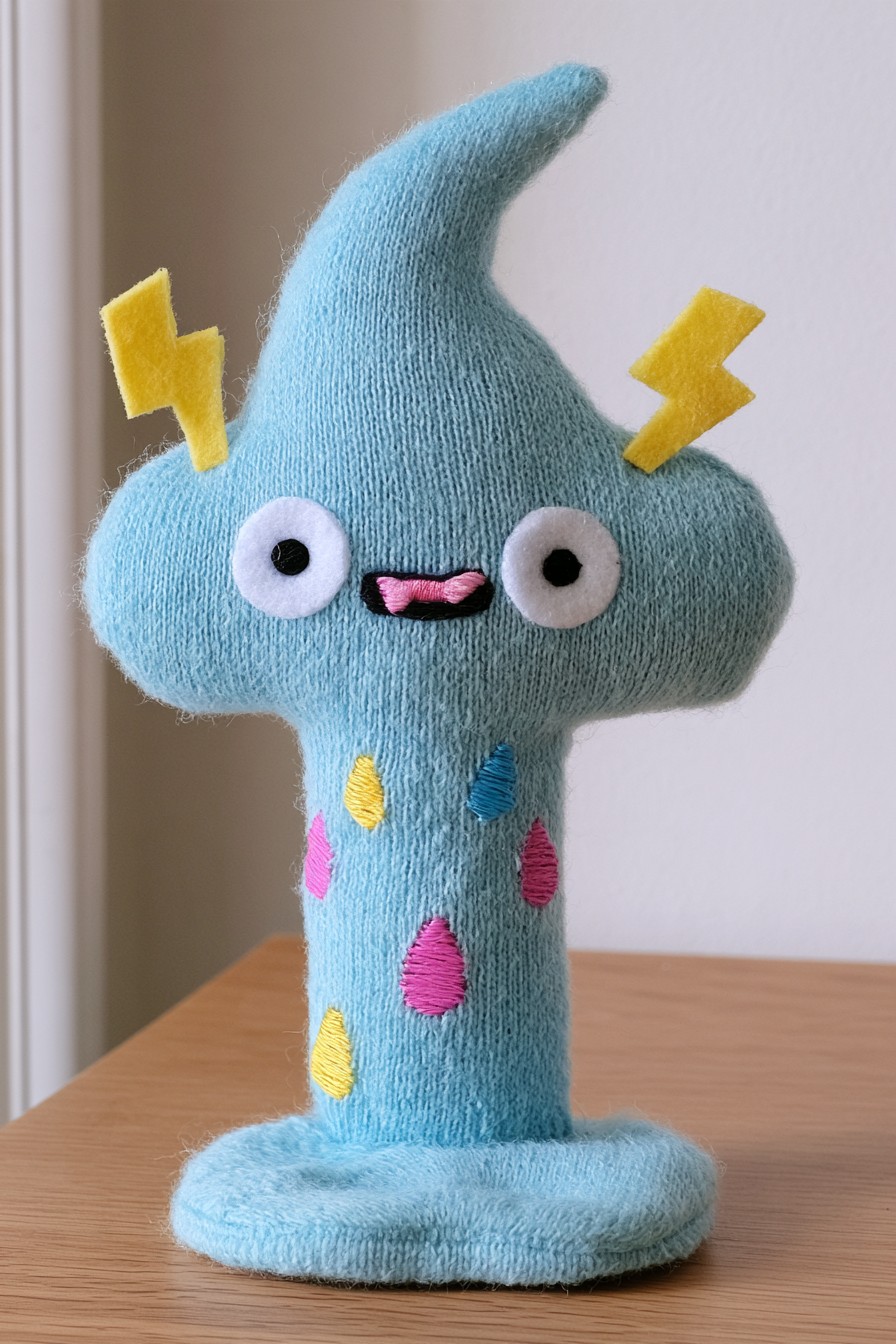 Blue cloud character with a curved pointed top, yellow lightning shapes and colorful raindrops