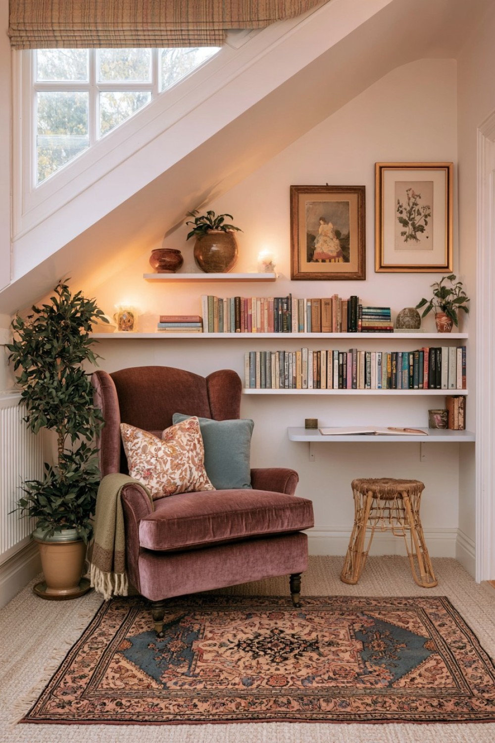 Personal poetry reading and writing nook in an attic corner