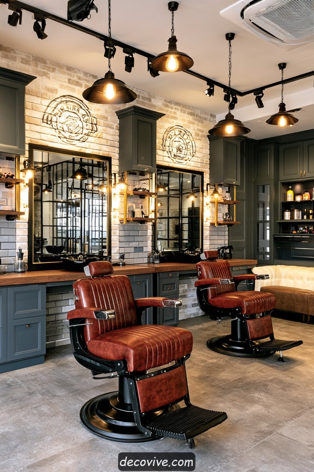 Dark green barber studio finished with restrained brass details