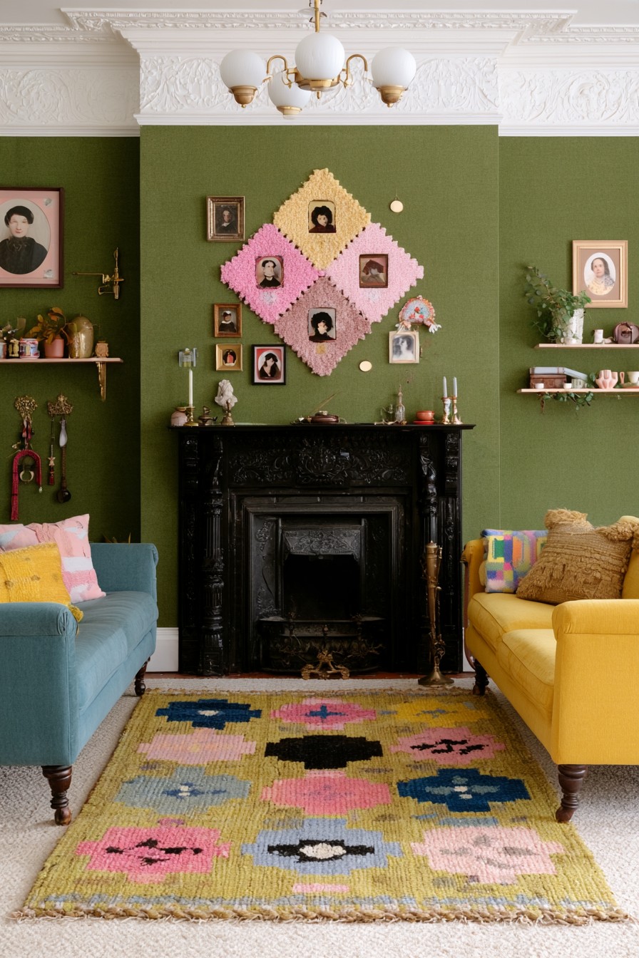 Moss green walls around a black fireplace, blue and mustard sofas, small portraits, and pink and yellow frame backings