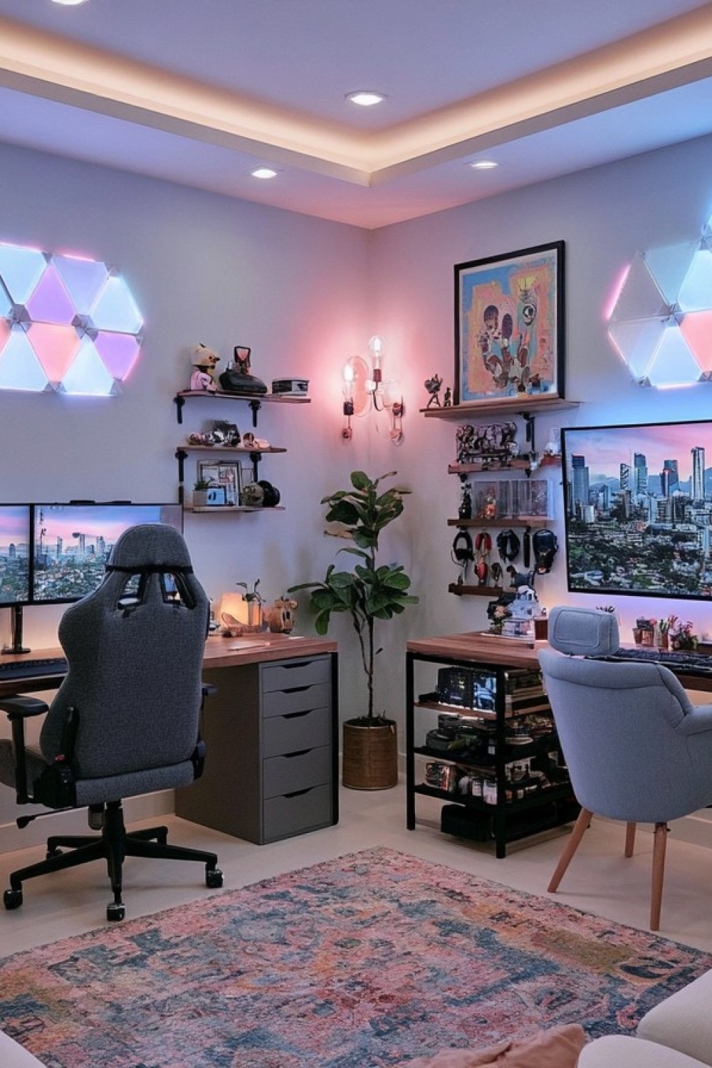 Shared gaming room using controlled asymmetry between two desks