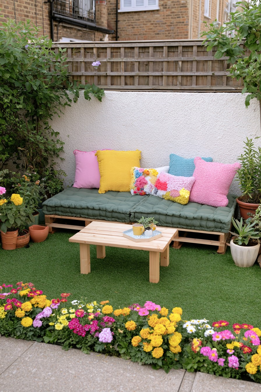 Straight pallet sofa positioned along a simple garden wall
