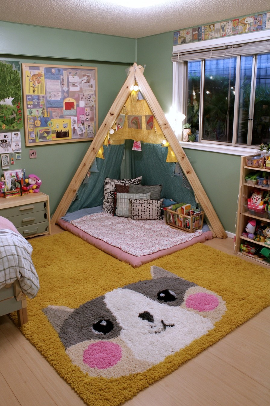 Timber triangular indoor tent frame with green fabric, a pink floor cushion, and a basket of books