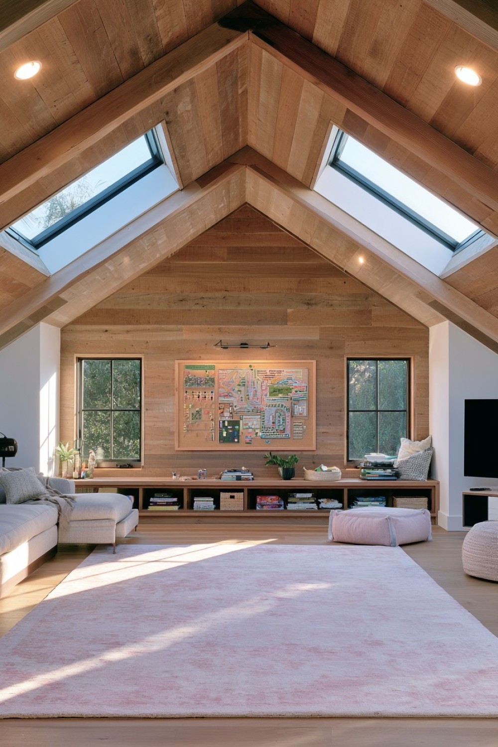 Attic gable wall used as a large interactive game zone
