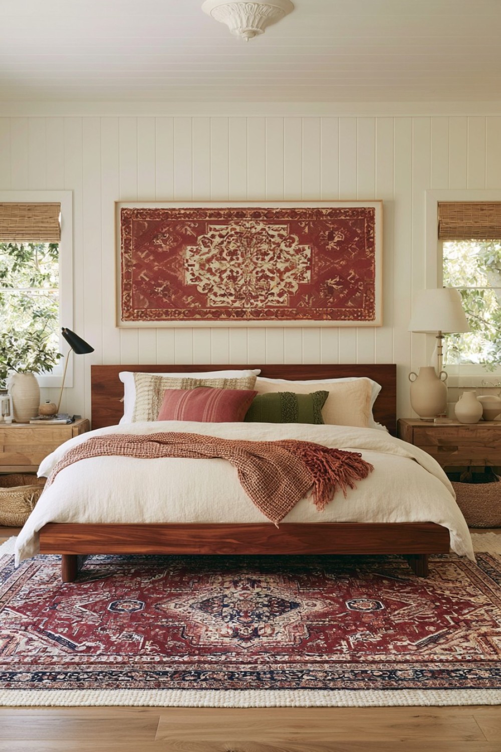 Bohemian bedroom decorated with a layered desert color palette