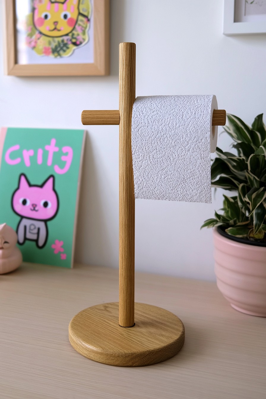 Wooden paper towel holder with a horizontal arm and round base