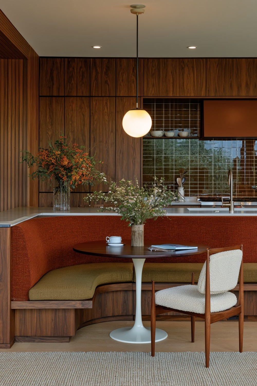 10. Curved Breakfast Bench Beside Linear Cabinetry
