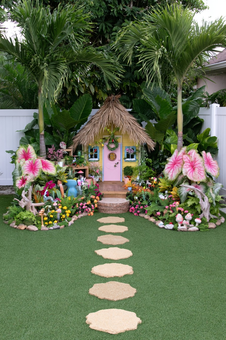 Decorative pointed-roof fairy house framed by large leaves and low flowers