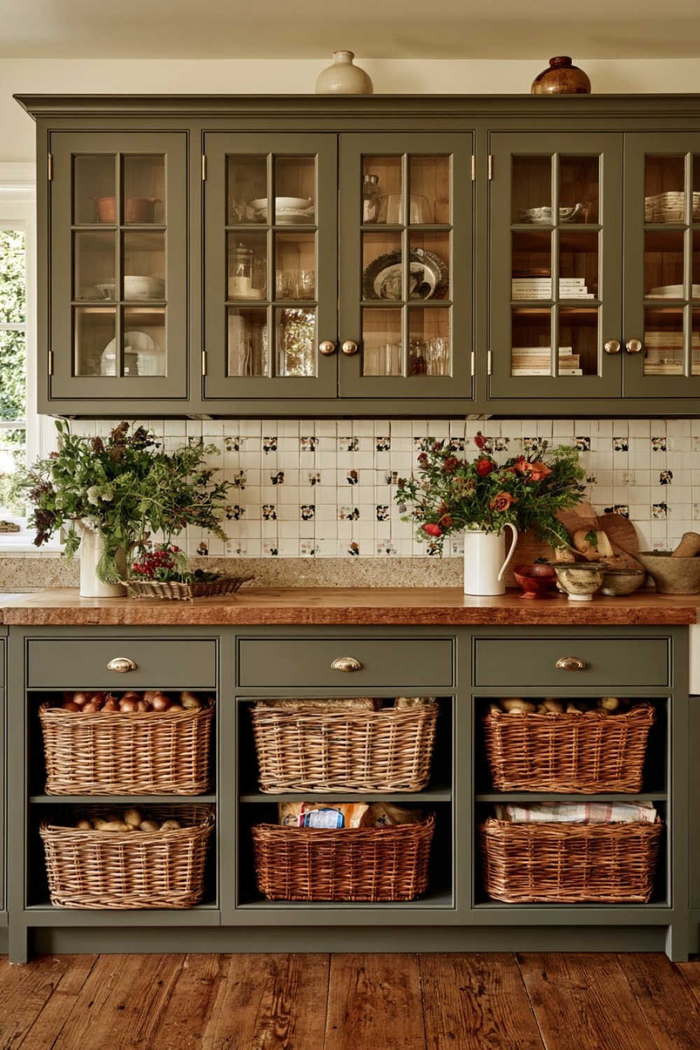 Wicker baskets fitted into lower cottage kitchen cabinets