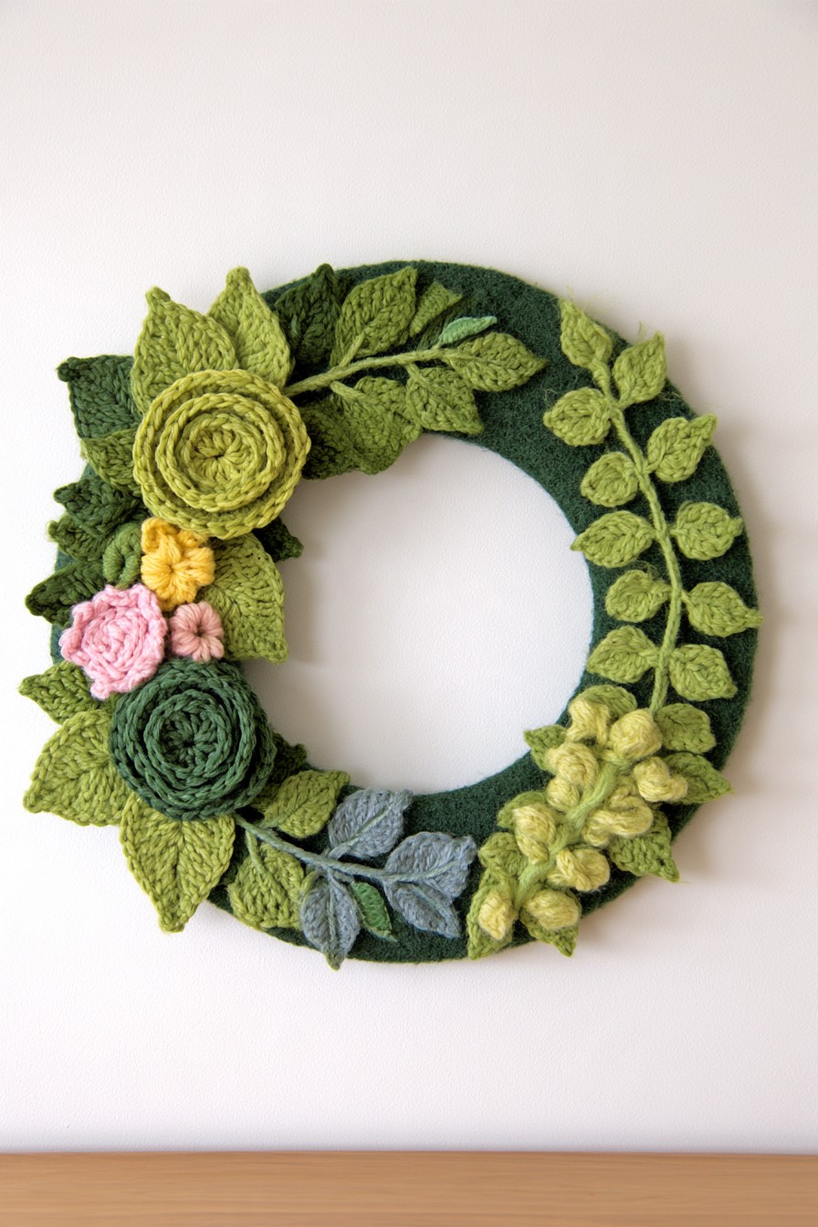 Green crochet botanical wreath with layered leaves and flowers