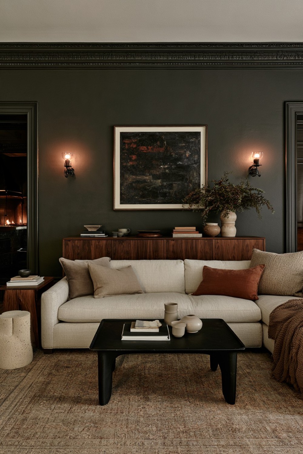1. Deep Olive Walls With Warm Walnut Contrast