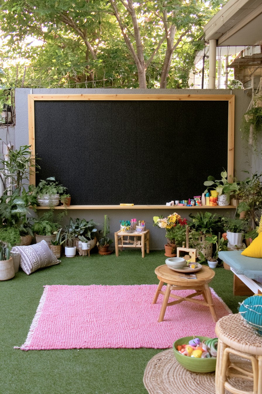 Large framed chalkboard arranged as an outdoor drawing area