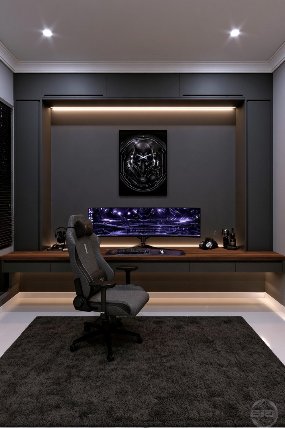 1. Graphite Wall With A Floating Gaming Workstation