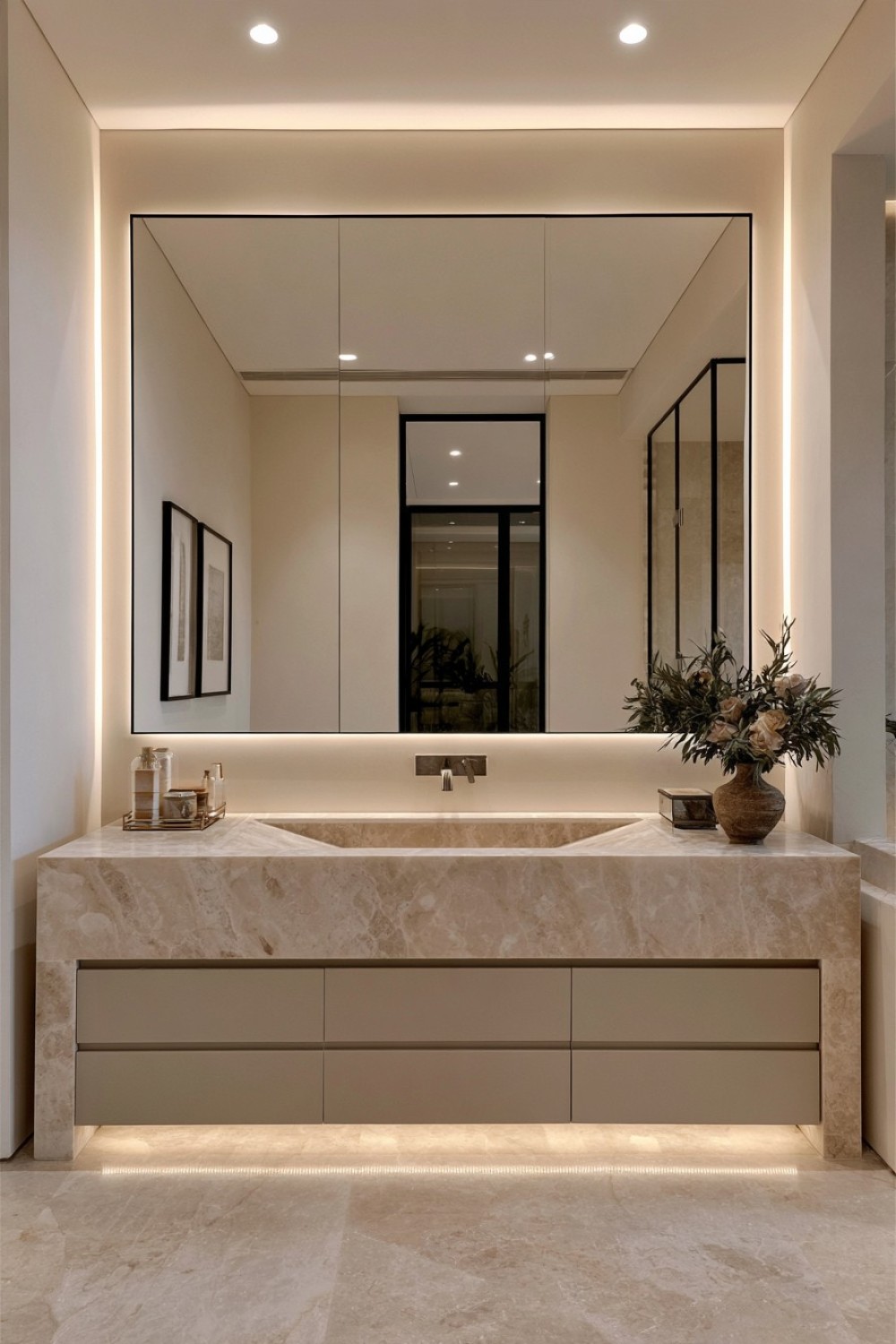 Monolithic stone vanity forming the focal point of a contemporary bathroom