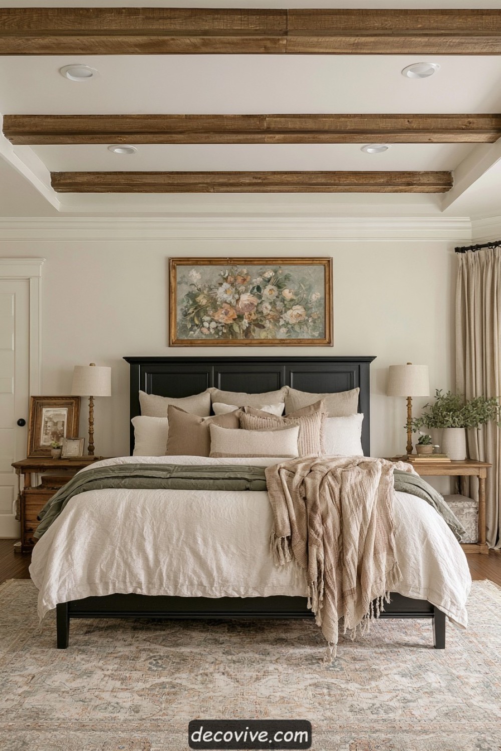 Farmhouse bedroom with exposed timber ceiling beams