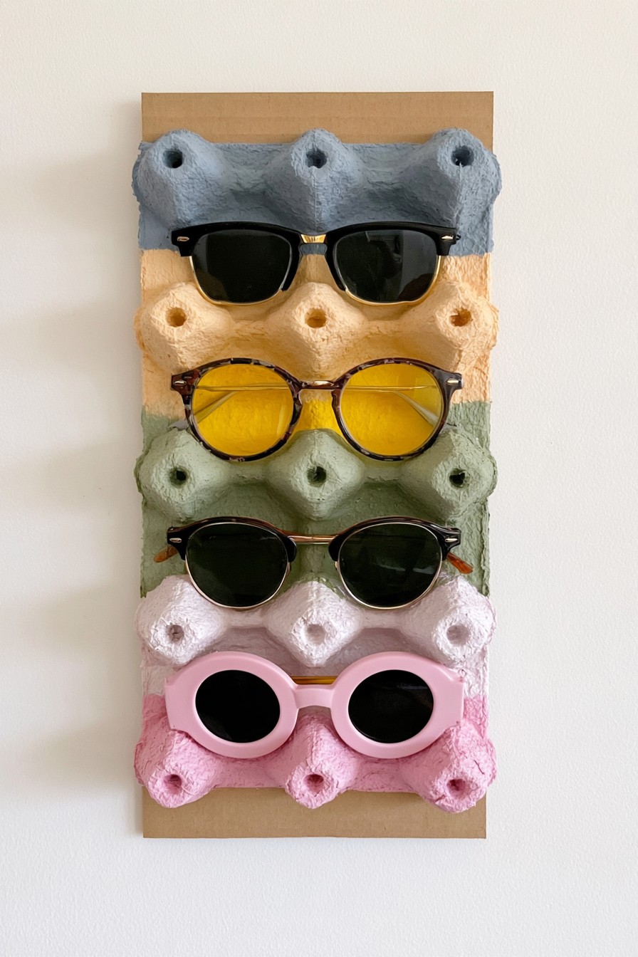 Wall mounted sunglasses organizer using colorful egg carton strips