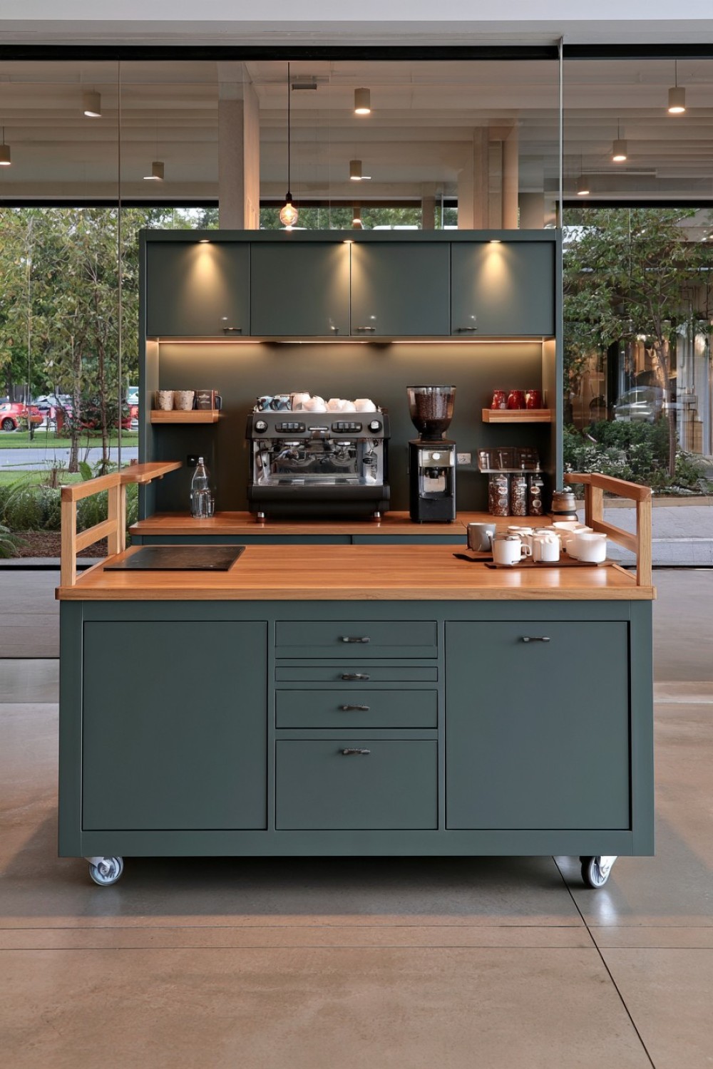 5. Soft Green Coffee Cart With Natural Wood Details