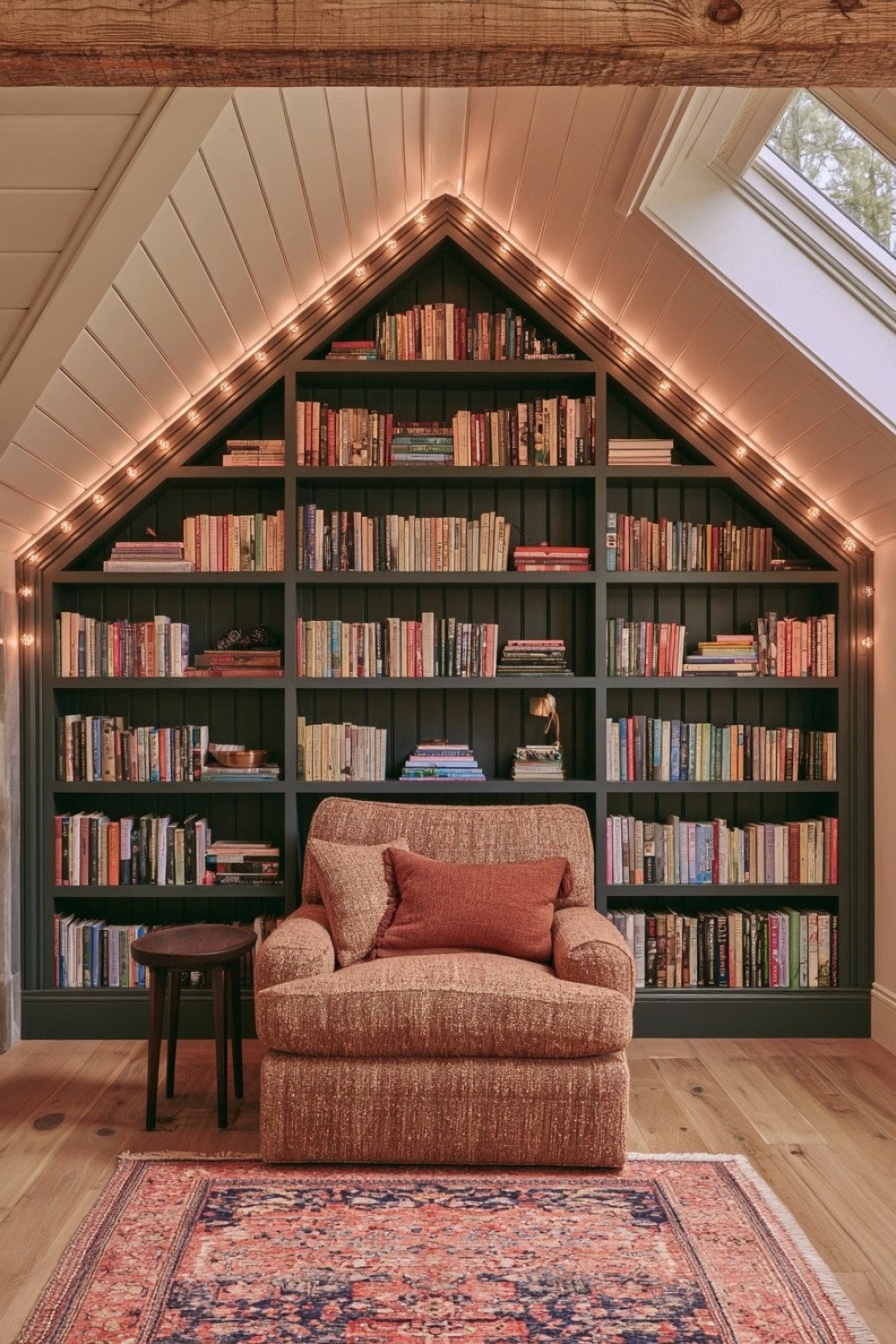 Moody attic reading corner with dark built-in bookshelves