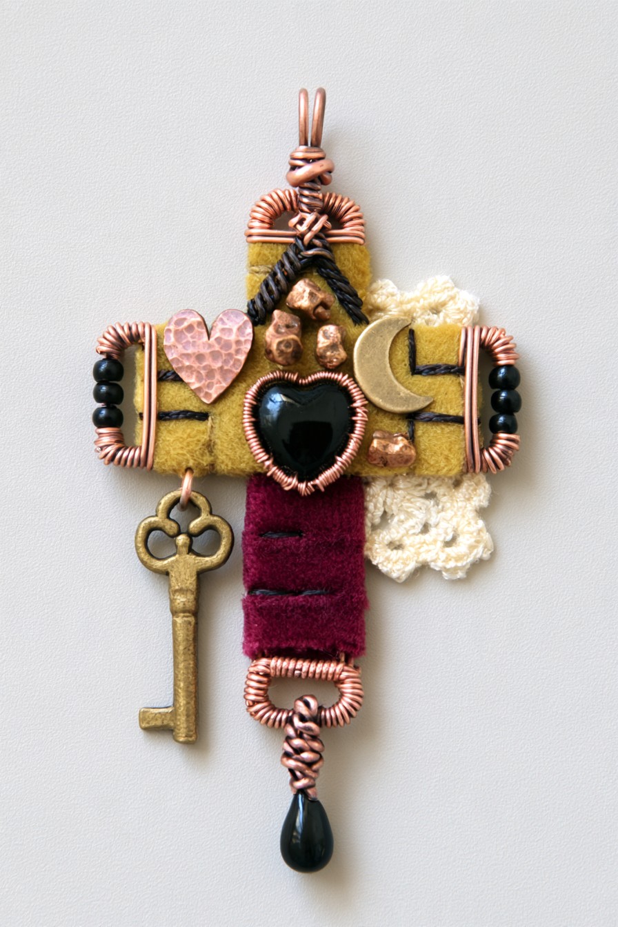 Symbolic cross pendant with heart, moon, and key details