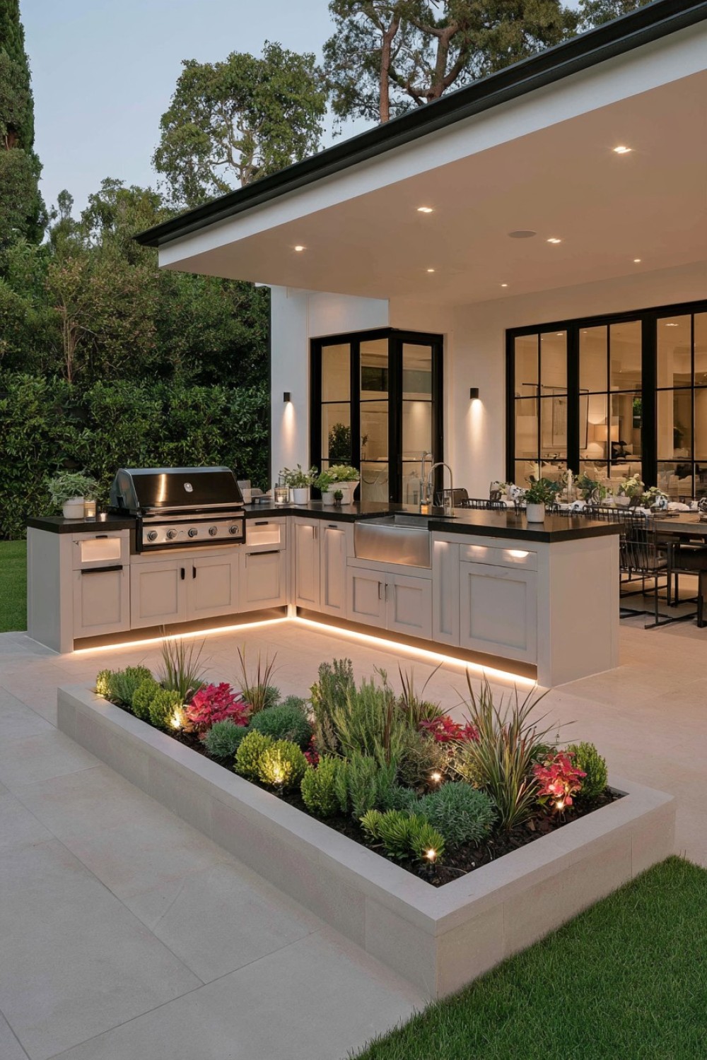 Raised garden planters dividing an outdoor kitchen from the patio