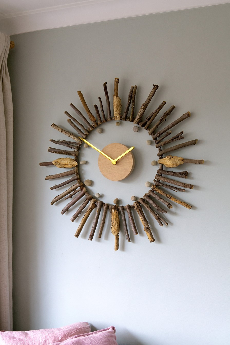 Round wooden wall clock surrounded by a sunburst of short natural twigs