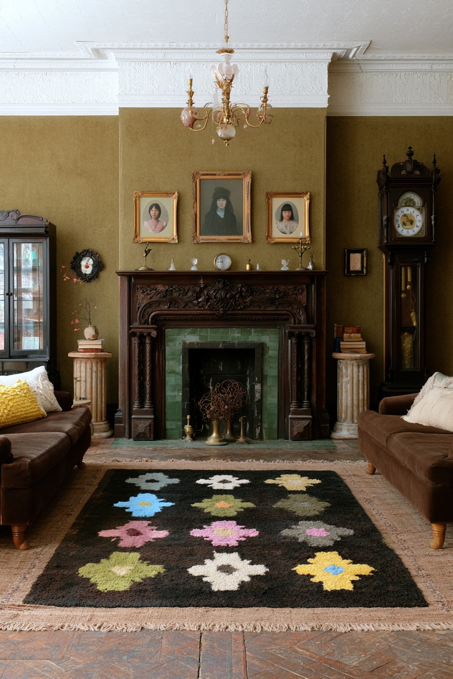 Brown sofas beside a carved timber fireplace with green tile, three portraits, a tall clock, and a glass cabinet