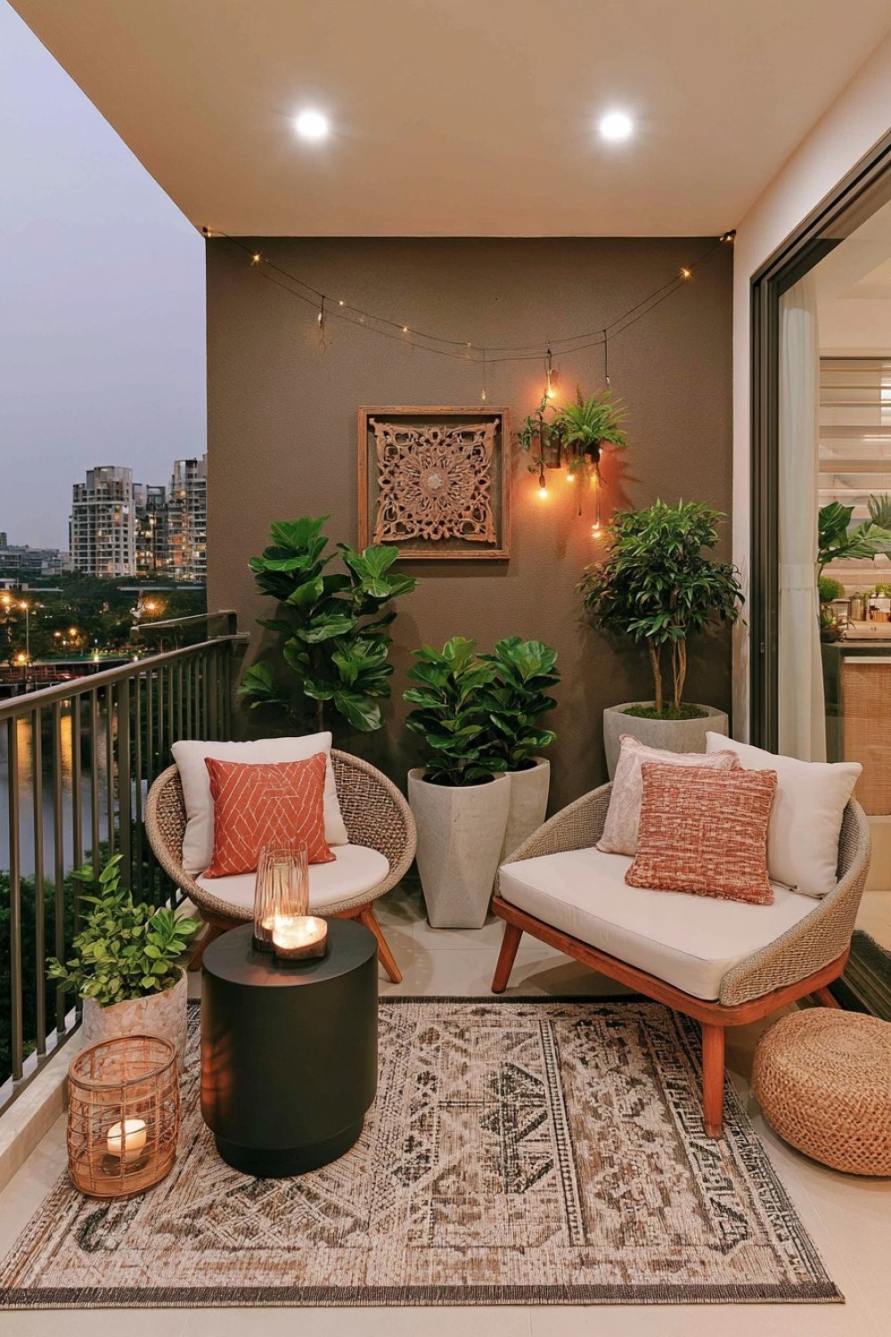Modern monochrome balcony featuring sculptural furniture shapes