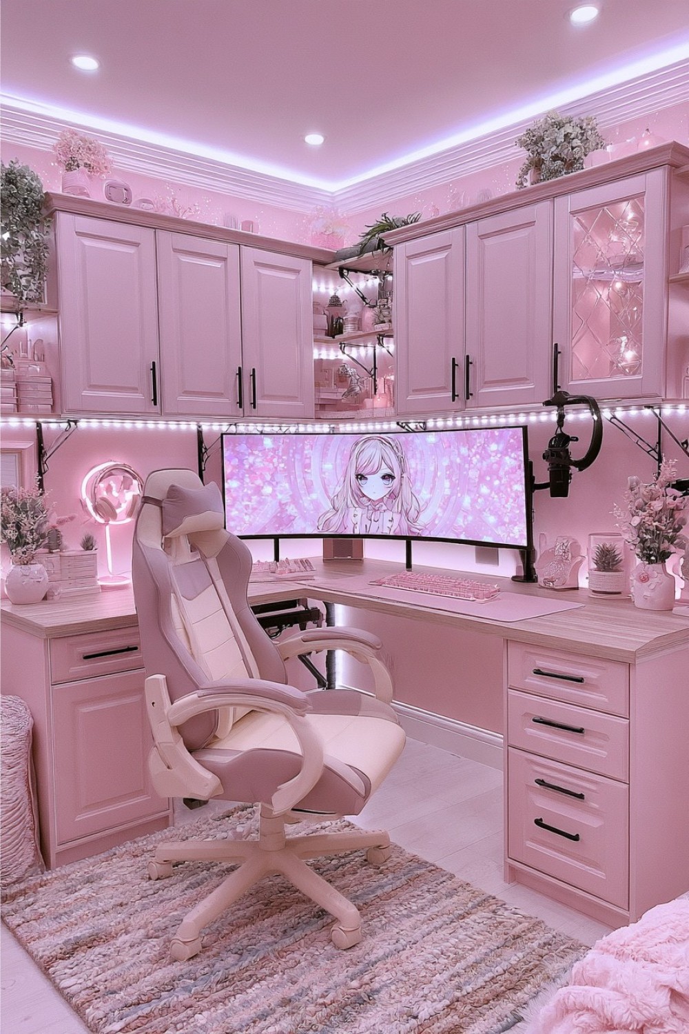 6. Rose Beige Gaming Room With Black Metal Details