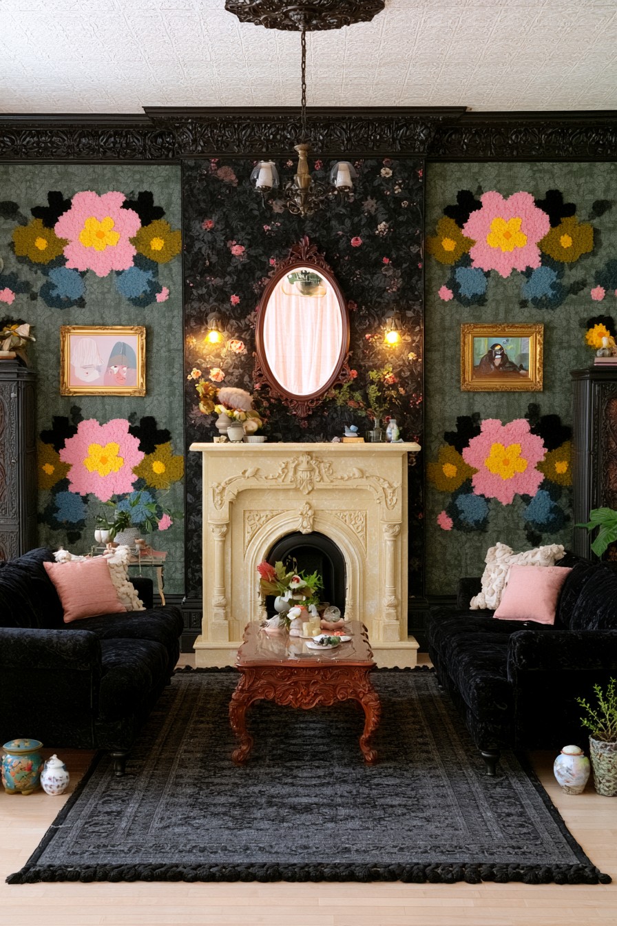 Ivory carved fireplace against a small black floral pattern, oversized pink wall flowers, black sofas, and an oval mirror