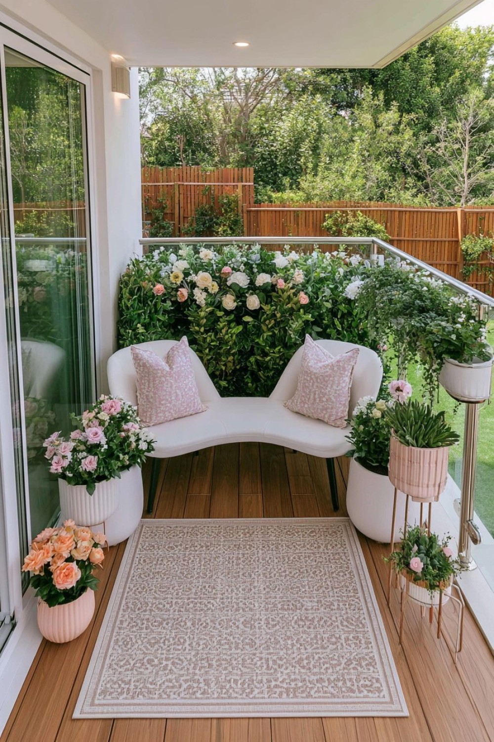 Romantic botanical balcony with softly layered plants and seating
