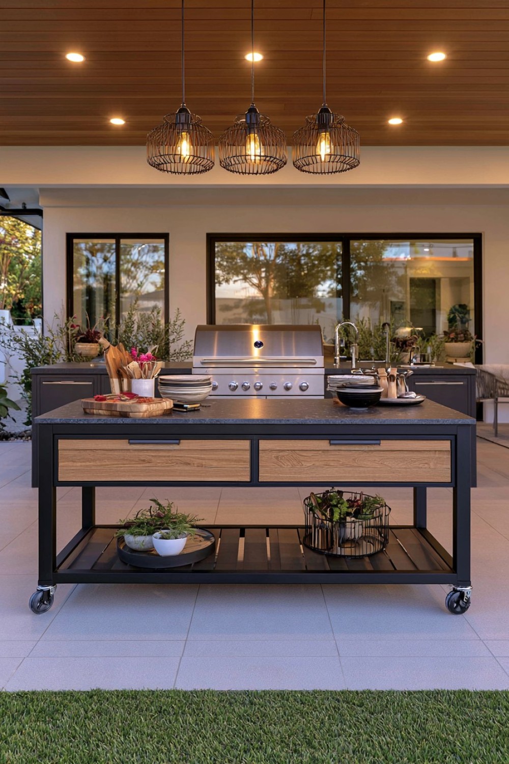 Movable outdoor preparation console with locking wheels