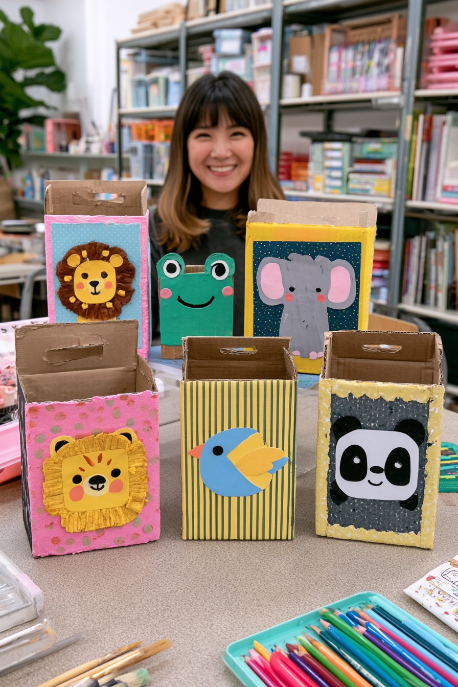 Cereal boxes turned into colorful animal themed classroom organizers