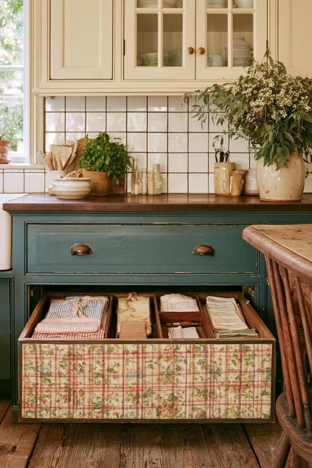 Shallow cottage kitchen drawers organized with table linens