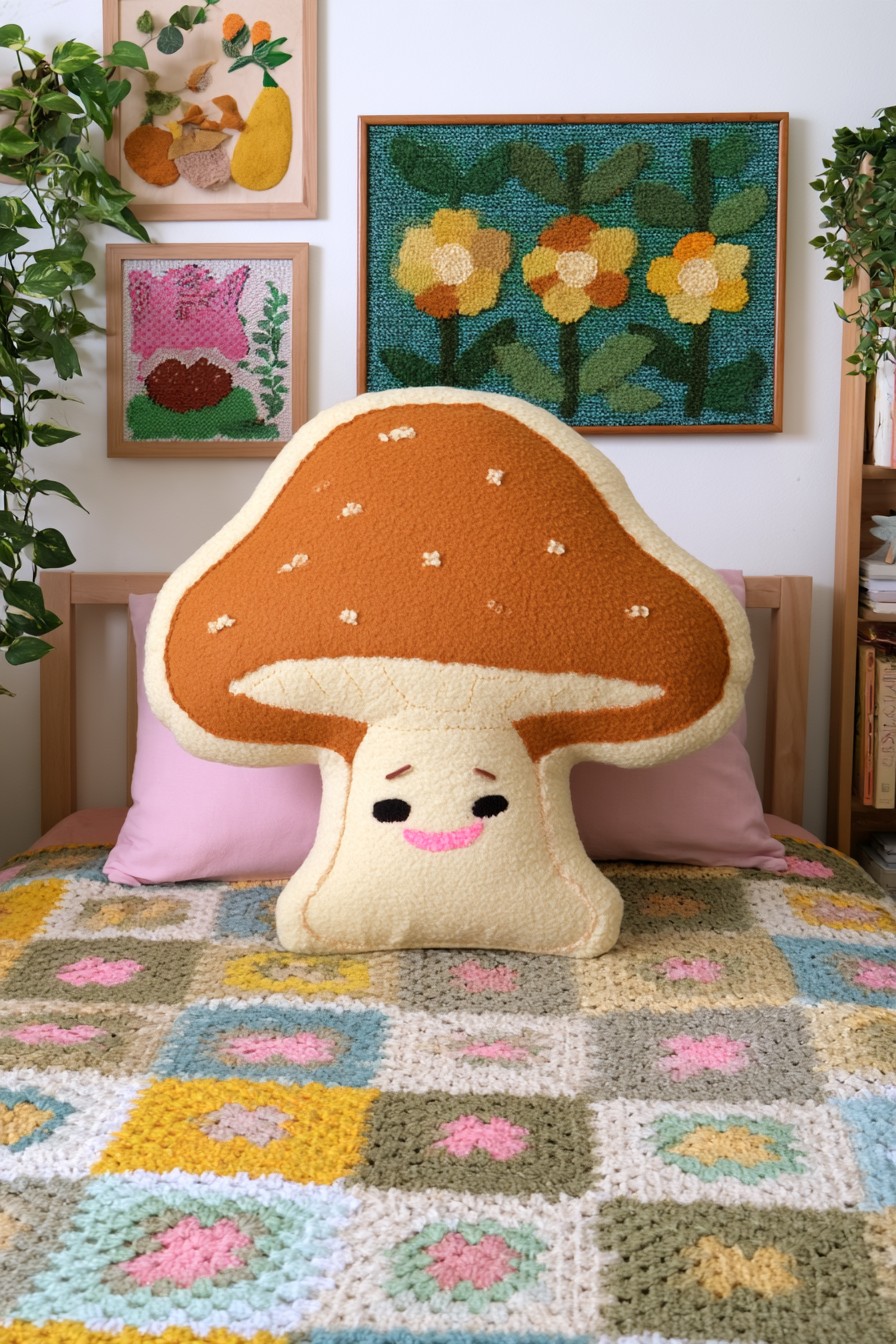Rust and cream mushroom shaped pillow with tufted texture