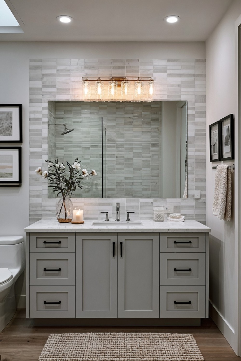 Small bathroom with vertically arranged wall tiles