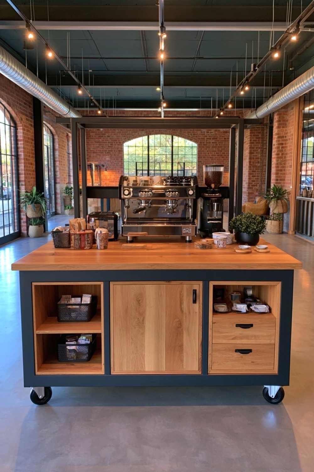 3. Industrial Coffee Cart With Black Metal And Oak