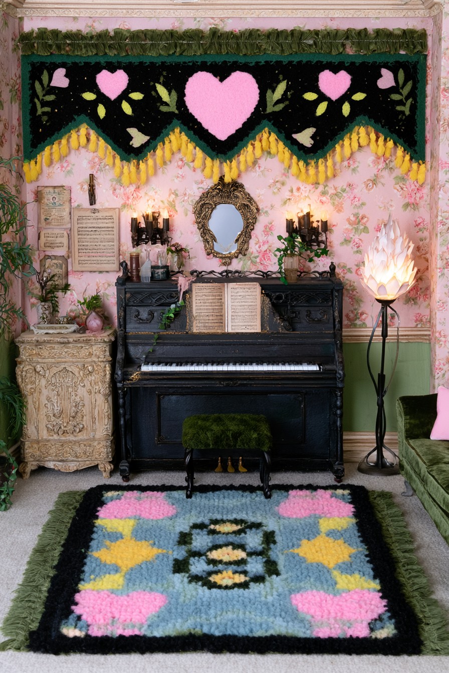 Black upright piano against pink floral wallpaper beneath a heart patterned textile valance and small ornate mirror