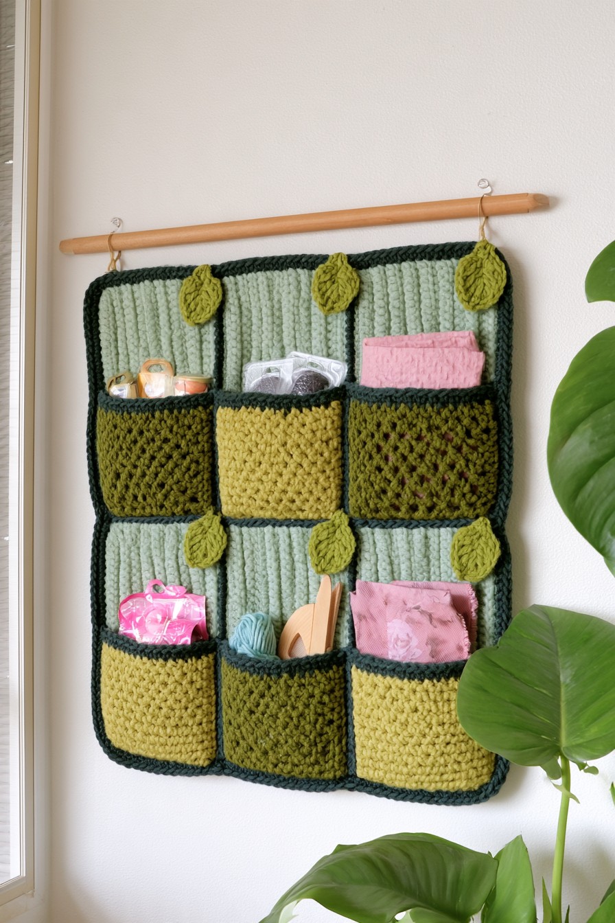 Green crochet wall organizer with storage pockets and leaf decoration