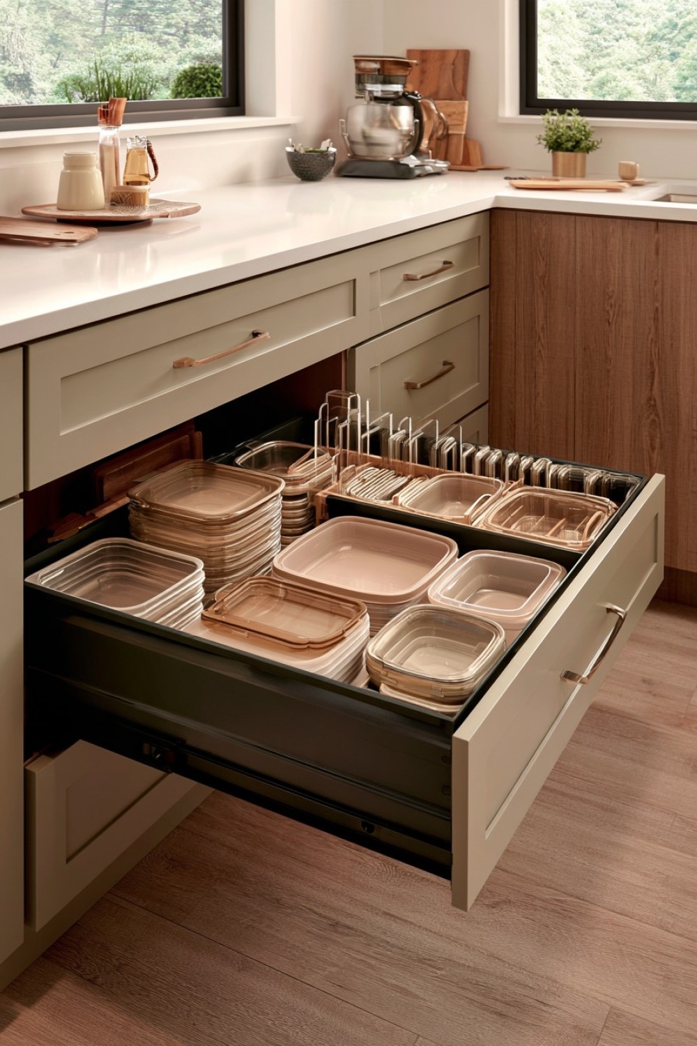Kitchen drawer organized for reusable food containers and lids