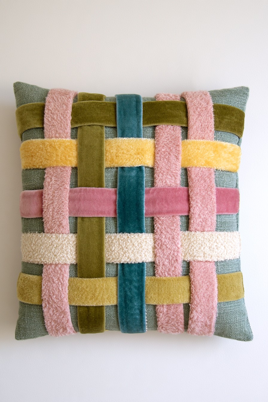 Woven fabric strip pillow with colorful layered texture