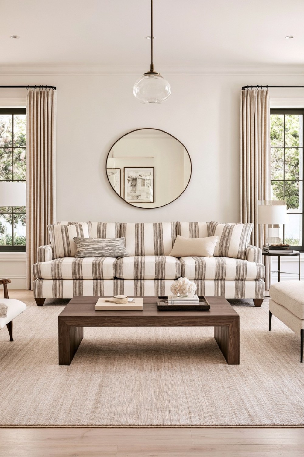 Patterned sofa serving as the main decorative feature in a living room