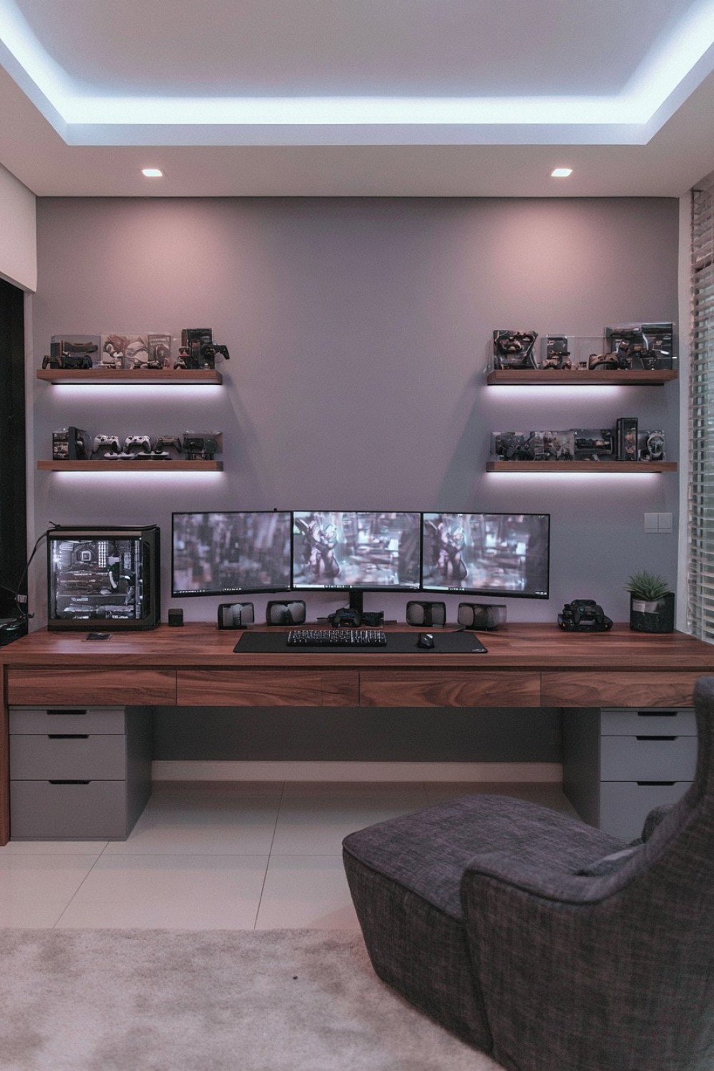 Wall-length floating desk in an organized gaming room