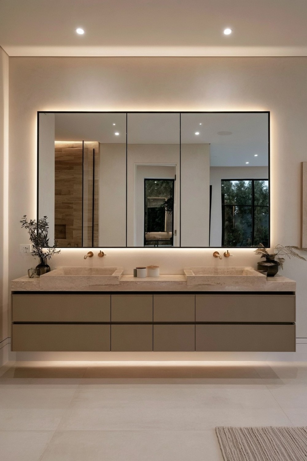 Floating double vanity with open floor space beneath