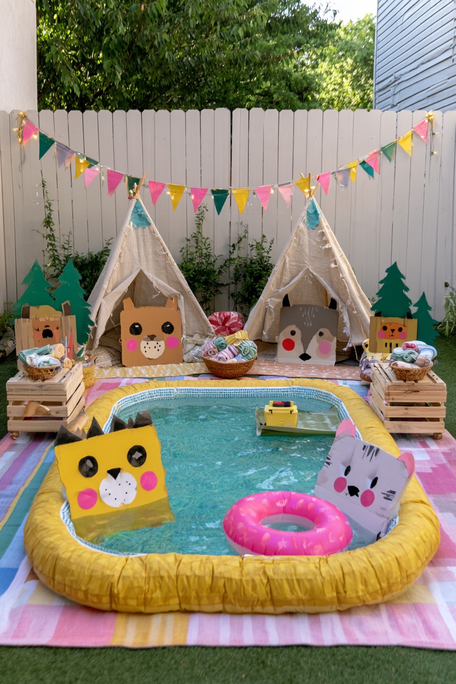 Camping-themed pool with two small tents, animal decorations, and a striped ground mat