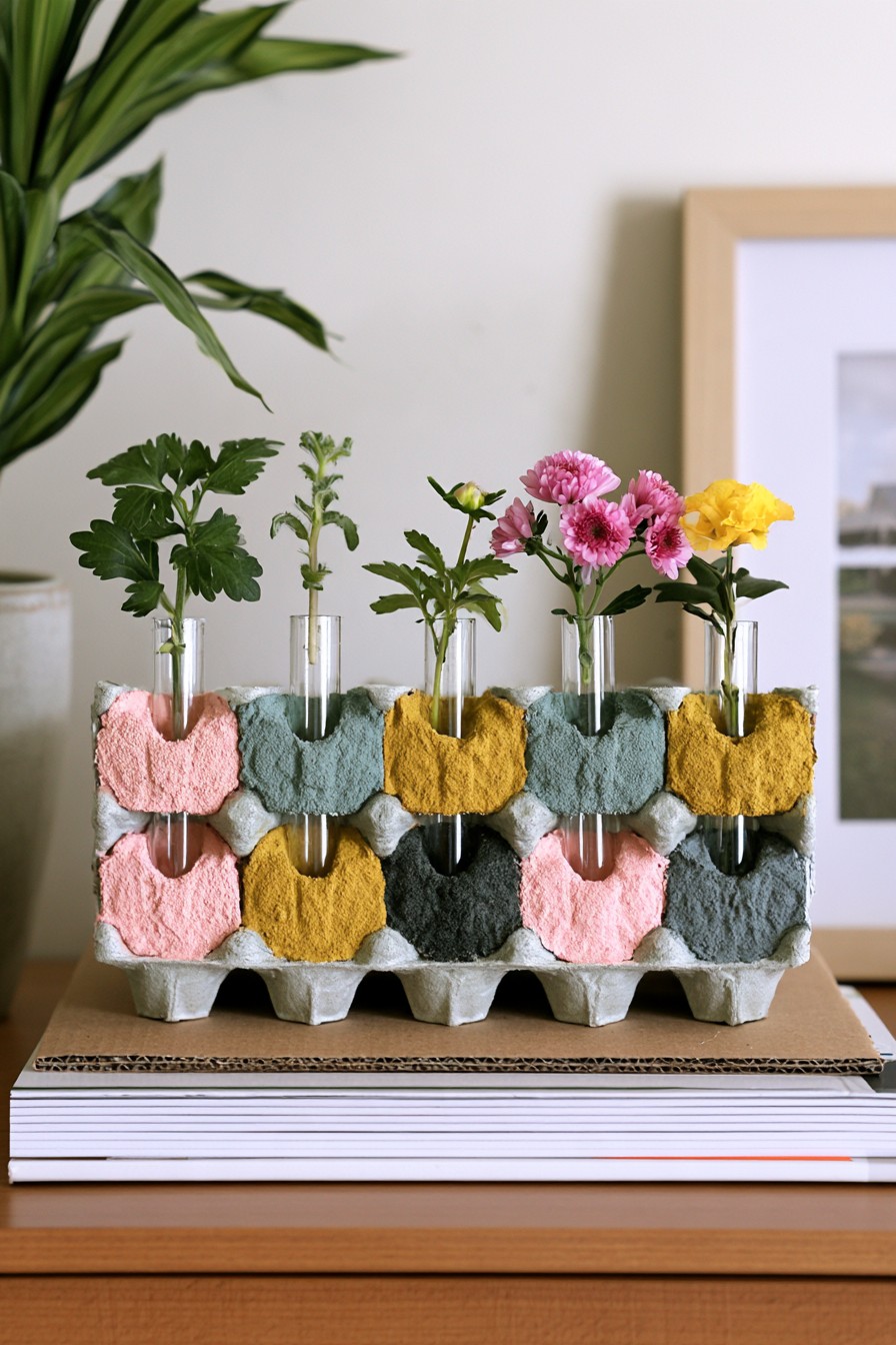 Tabletop flower display with glass test tubes supported by an egg carton base
