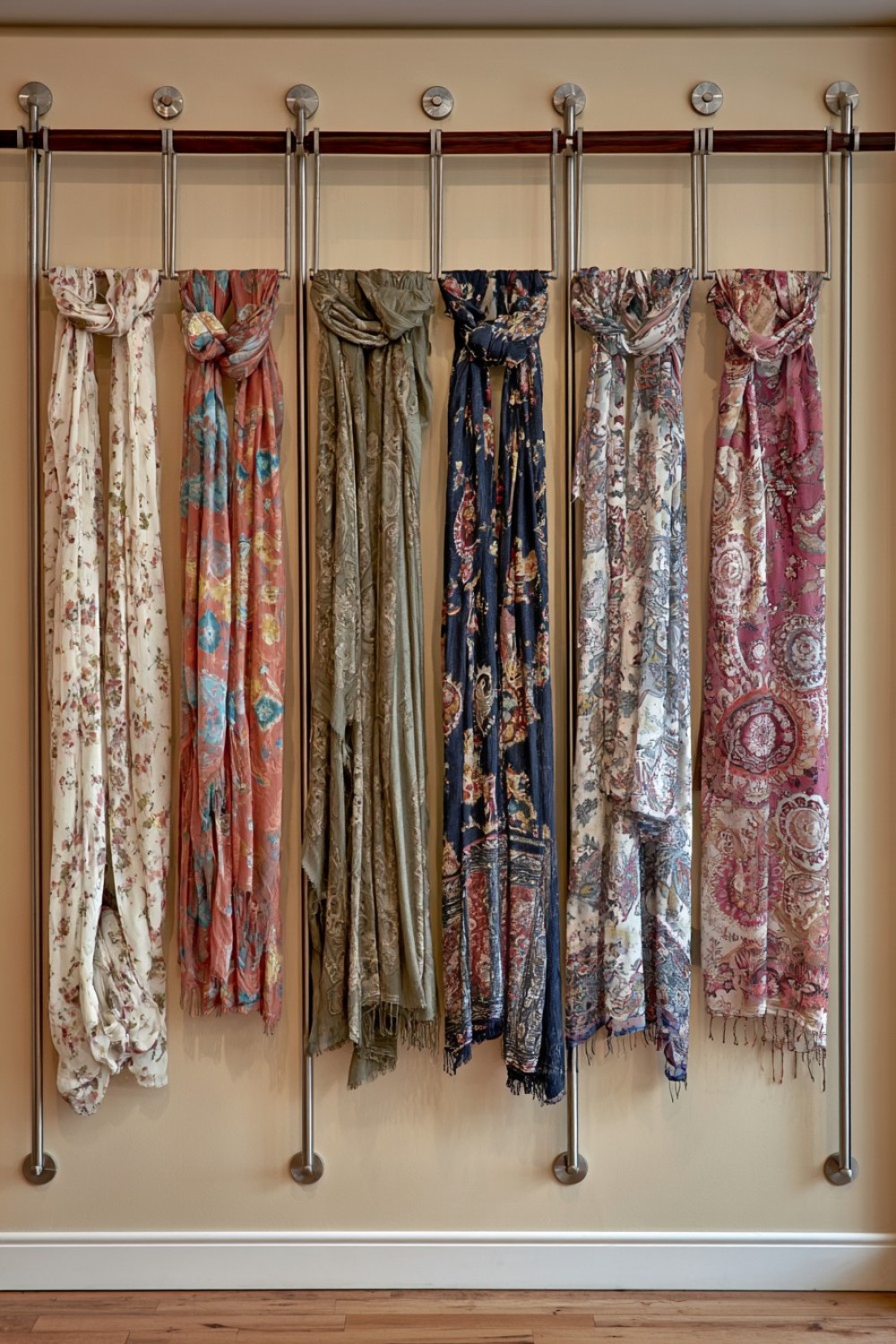 Long scarves displayed on a vertical boutique hanging rail