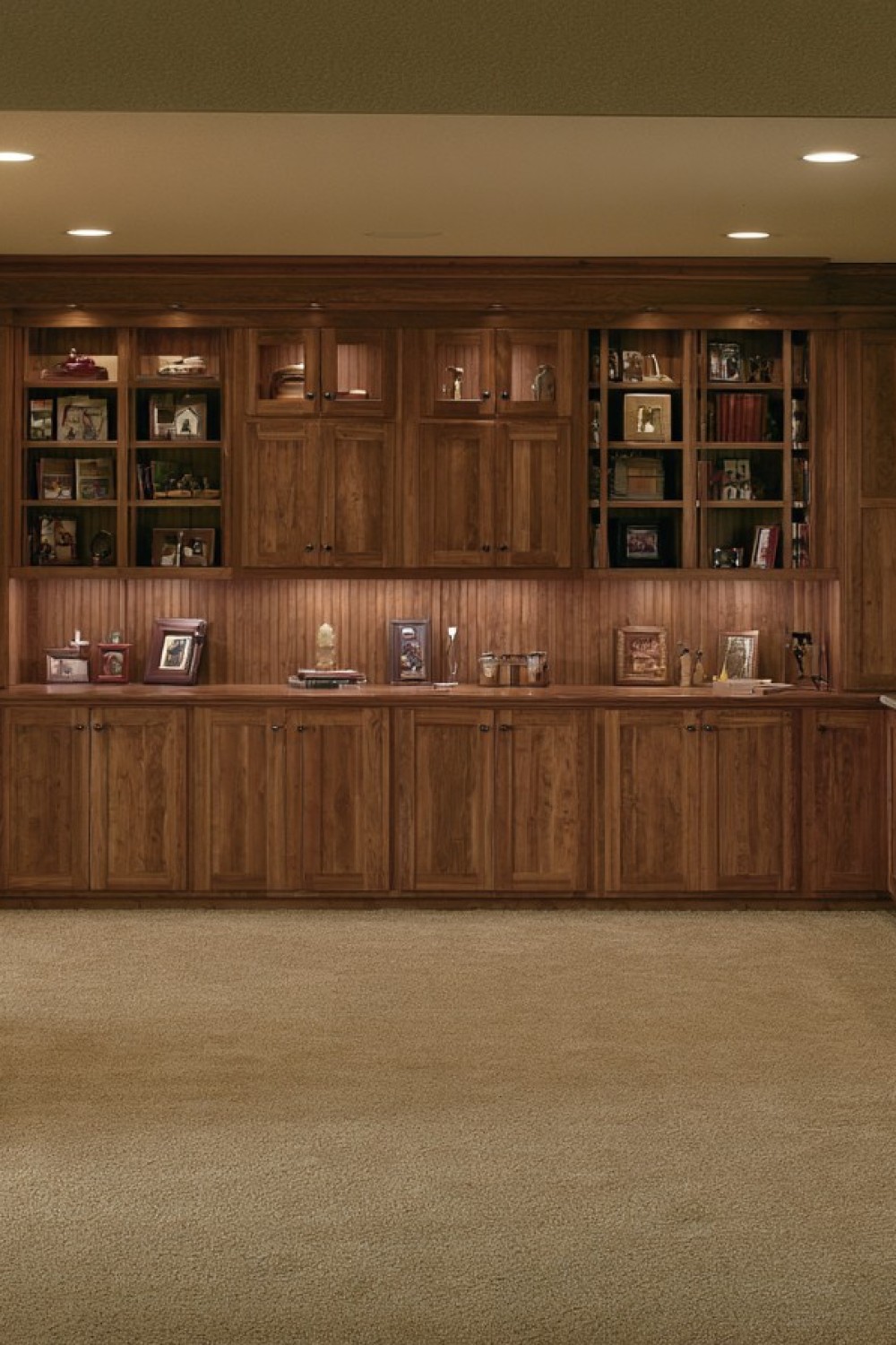 Floor-to-ceiling storage wall inside a small finished basement