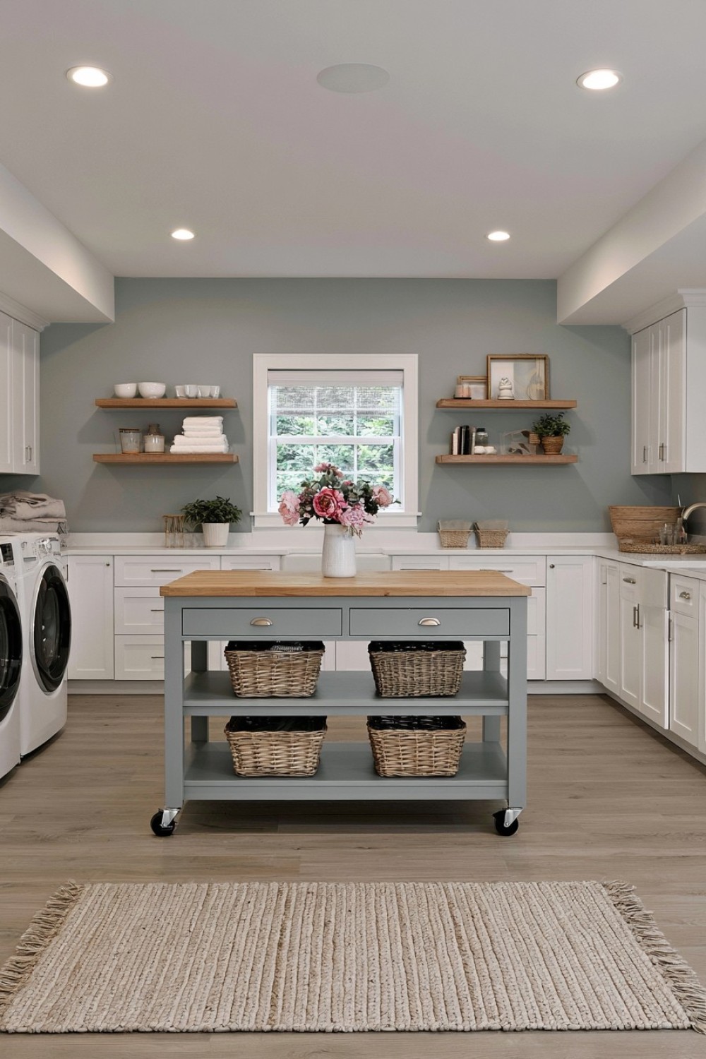 Rolling laundry island with storage in a large basement room