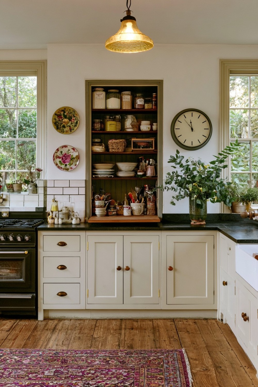 Compact cottage baking cupboard with a pull-out work surface