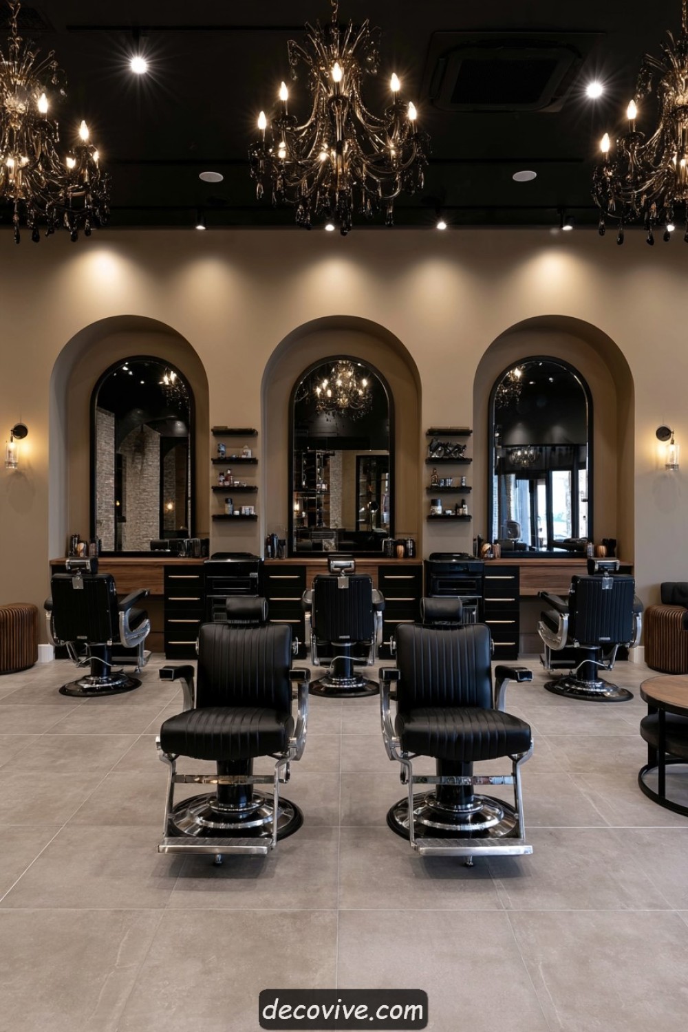Barber workstation wall arranged with large arched mirrors